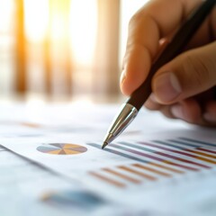 A hand holding a pen focuses on analyzing business charts and graphs for strategic decision-making in a modern office.