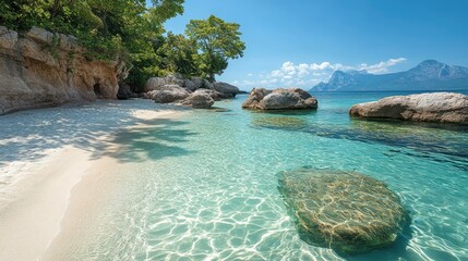 Pristine beach with large granite boulders and clear water