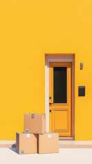 Wall Mural - Packages by the door with shadows on the wall, delivery concept, background