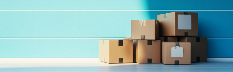 Wall Mural - Cardboard boxes stacked near house color wall in bright setting, background