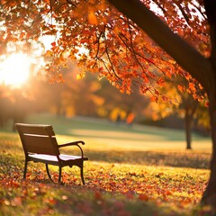 A serene park scene featuring a wooden bench under a vibrant autumn tree, illuminated by soft sunlight in the golden hour.