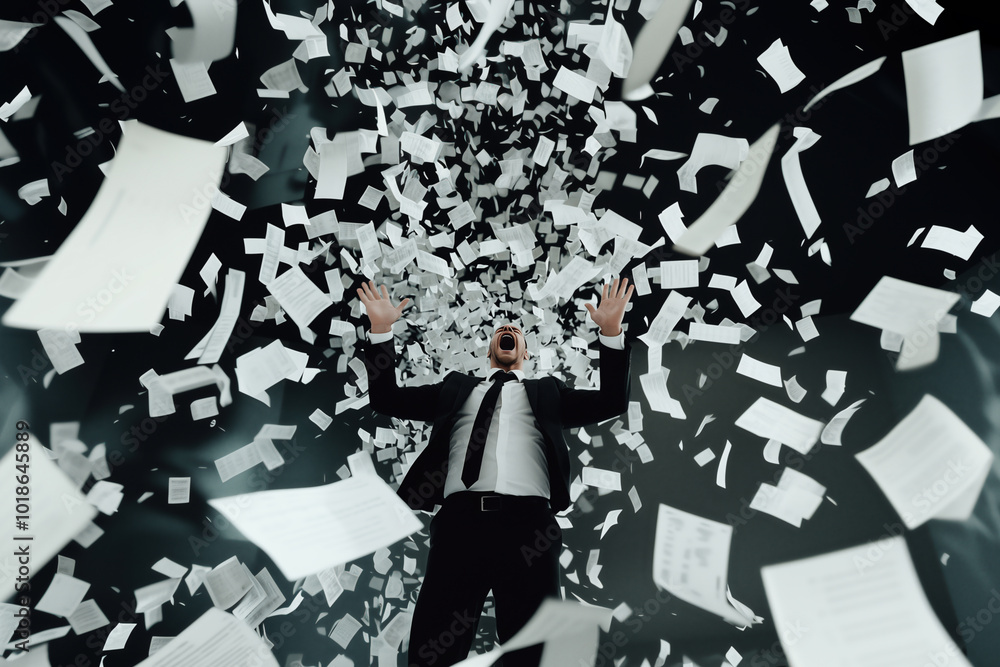 Paper Getting Up Many sheets of paper fall from above onto a male businessman. Stock ...