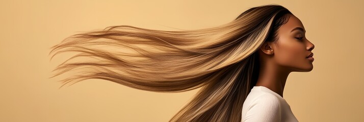 Wall Mural - A woman with long hair is shown with her head tilted to the side. The hair is long and flowing, and the woman's face is turned away from the camera. Concept of freedom and natural beauty