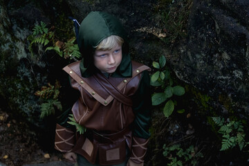 Close up portrait of a boy in a medieval costume against a forest background top view