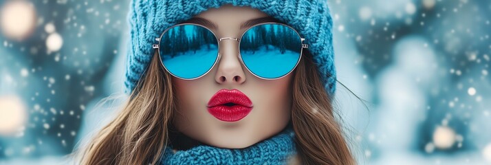 Sticker - A woman wearing a blue hat and sunglasses with red lipstick is the main focus of the image. The photo captures her beauty and confidence, as she stands out against the snowy background