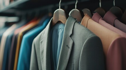 Canvas Print - A close-up of a tailored jacket on a hanger, framed by shirts and coats in various colors, creating a stylish and well-organized display.