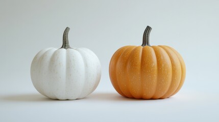 Orange pumpkin and white pumpkin placed on a white background