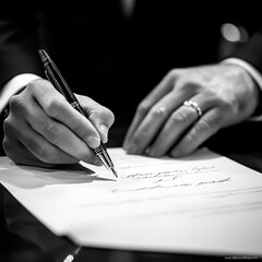 Close-up of a male hand signing a document with a stylish pen.