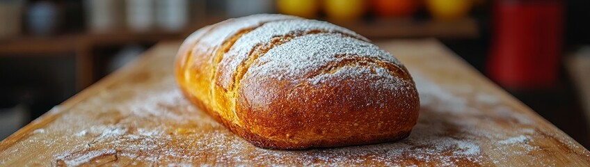 Close-up of a freshly baked loaf of bread dusted with powdered sugar on a wooden table, perfect for bakery or food photography.  , free space text, copy space, copy space for text,