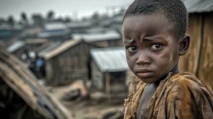 A young boy with a sad expression stands in front of a house