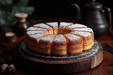 Delicious Pandoro cake decorated with powdered sugar on wooden table, space for text. Traditional Italian pastry  , free space text, copy space, copy space for text,