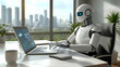 © Neural9 Project - A humanoid robot with white and silver body is working on a laptop in an office setting with a city view behind it.