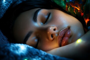 Wall Mural - Hyper-realistic close-up of a personâ€™s peaceful face as they sleep at night, with the faint glow of moonlight illuminating their expression, capturing the details of rest at night