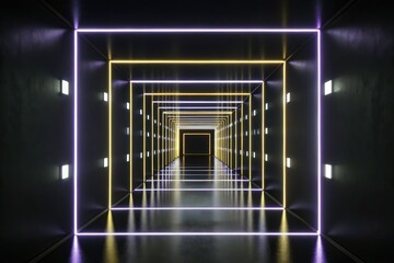 Poster - Futuristic hallway with glowing neon lights.