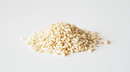 A small pile of raw pine nuts, delicately arranged on a bright white background to emphasize their light color and texture.