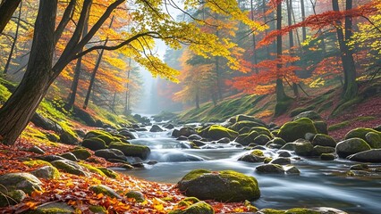 The small river and yellow and red fallen leaves in the autumn forest, the outdoor natural scenery in autumn