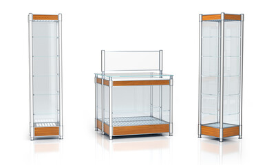 Sticker - Metal glass wood tower display cabinet and showcase with topper. 3d illustration set on white background