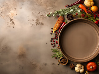 Flat lay composition of autumn harvest pottery and copy space. Rustic stoneware with fall decor. Background with pumpkins and herbs. Wabi sabi pottery inspiration. Food blog concept