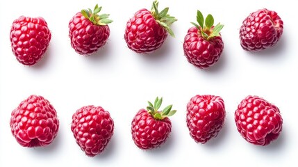 Wall Mural - A row of ten fresh red raspberries arranged in a row on a white background.