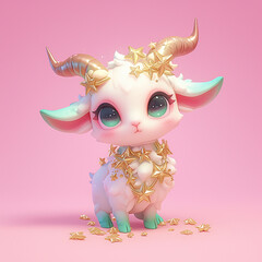 Wall Mural - A cute white goat with horns and stars on its head. The goat is sitting on a pink background