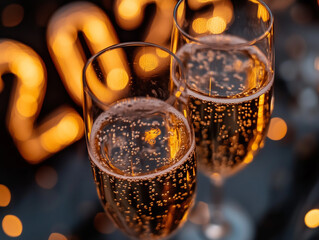 Two champagne flutes clinking amidst sparkling golden lights, with the year 2025 in the backdrop