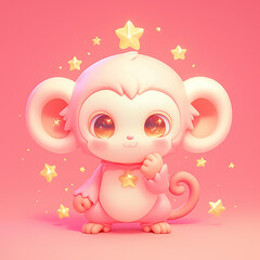 Poster - A cute cartoon monkey with stars on its head. The monkey is smiling and has its hand up in the air