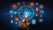 © Mert - A hand interacts with a futuristic digital interface that displays various cybersecurity icons representing advanced digital security.