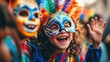 © Suphawan - A playful image of children wearing colorful carnival masks, joyfully playing together during a street festival, embodying the innocence and excitement of the celebration.