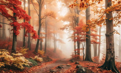 Autumn trees with red foliage in a misty forest