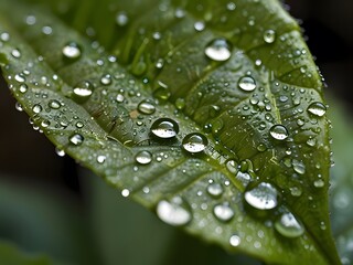 A close-up of a leaf with water droplets showing dew and freshness in a natural garden setting