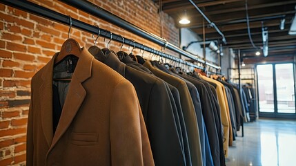 Canvas Print - A row of formal coats and casual jackets hanging on industrial-style hangers in a trendy loft space with exposed brick walls.