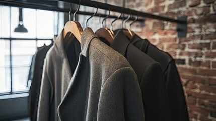 Canvas Print - A row of formal coats and casual jackets hanging on industrial-style hangers in a trendy loft space with exposed brick walls.