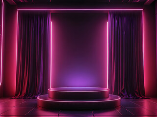 3D neon podium background with red curtain. Studio display showroom product pedestal, Beautiful product showcase stage mockup. Generative AI.