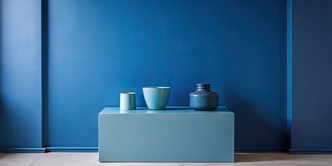 Poster - Minimalist interior with blue wall and pottery display.