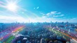 © SKIMP Art - view of the Tokyo skyline, a cityscape with a blue sky and bright sunlight, digital light streaks in colorful lines across the landscape, representing data flow and connectivity Generative AI