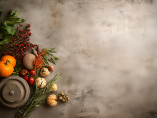 Flat lay composition of autumn harvest pottery and copy space. Rustic stoneware with fall decor. Background with pumpkins and herbs. Wabi sabi pottery inspiration. Food blog concept