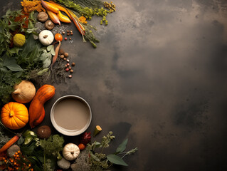 Flat lay composition of autumn harvest pottery and copy space. Rustic stoneware with fall decor. Background with pumpkins and herbs. Wabi sabi pottery inspiration. Food blog concept