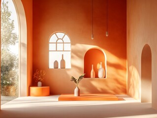 Minimalist 3D studio interior with terracotta toned walls and floors featuring a product display podium and dramatic window lighting casting shadows creating a digital product mockup visualisation