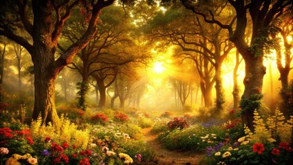 Wall Mural - Sunlight filters through a tranquil forest path in golden hues.