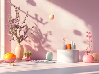 Minimalist 3D studio scene featuring lavender tinted walls a clean empty floor and a product display podium  Natural window light casts subtle shadows across the countertop creating a digital mockup