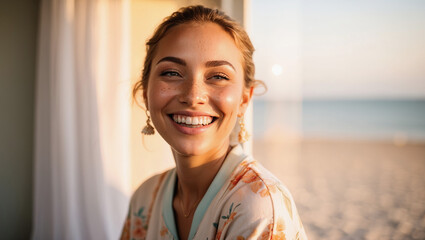 Happy smiling young woman at tropical resort