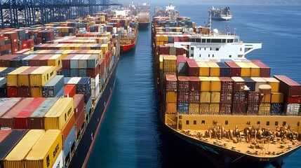 Cargo ships from the merchant navy lined up in a global port, their decks stacked with containers of all sizes.