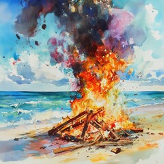 Sticker - a large bonfire on the beach, smoke, watercolor