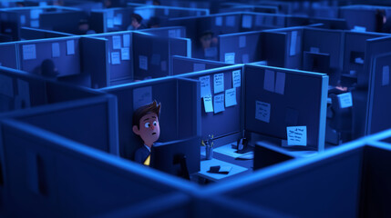 Sticker - a large office floor divided into isolated cubicles with high walls, 3d cartoon style