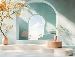 Minimalist 3D studio space with a soothing sky blue backdrop an unadorned floor and a central product display podium  Diffused window light casts a soft shadow overlay onto the countertop