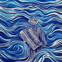 Poster - a man playing an accordion, simple pattern bold blue lines