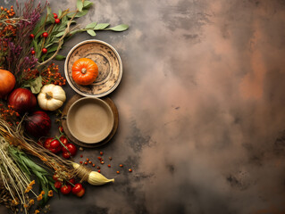 Flat lay composition of autumn harvest pottery and copy space. Rustic stoneware with fall decor. Background with pumpkins and herbs. Wabi sabi pottery inspiration. Food blog concept