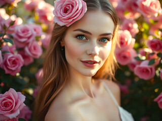 Beautiful Woman model in Summer Dress Amidst Blooming Garden Flowers. smiling on a background of a pink  flowers. Generative AI.