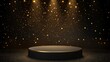 © NOMI - Black round podium product stage on black background of golden glitter and a spotlight