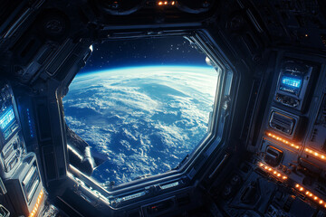 Wall Mural - view of earth planet from space station window with clouds and atmosphere against the backdrop of sp